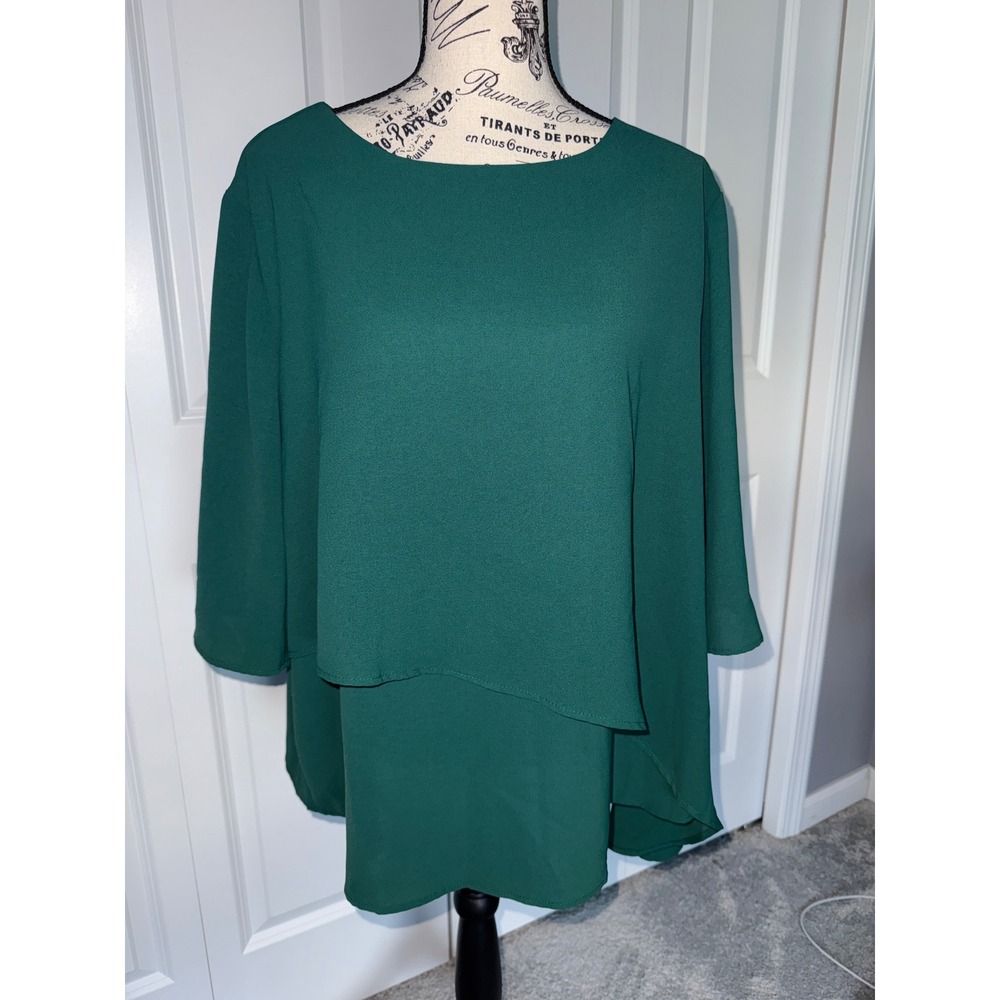 AOVDE Women Dark Green Tiered Layered Blouse 3/4 Sleeve Size 16 Business Casual
